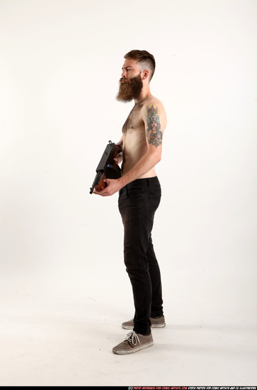 Man Adult Athletic White Fighting with submachine gun Standing poses Pants