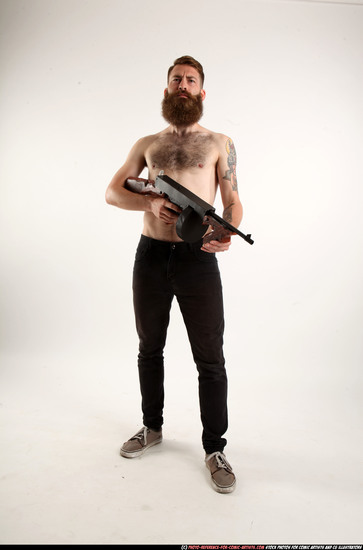 Man Adult Athletic White Fighting with submachine gun Standing poses Pants