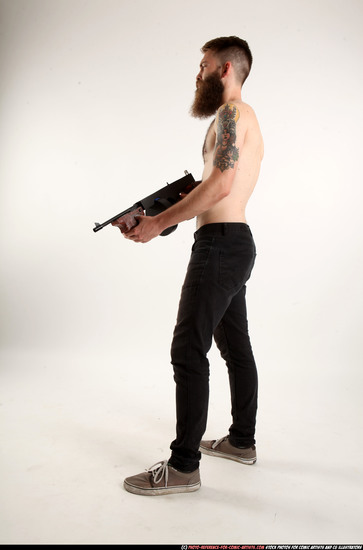 Man Adult Athletic White Fighting with submachine gun Standing poses Pants