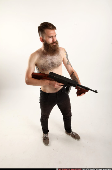 Man Adult Athletic White Fighting with submachine gun Standing poses Pants