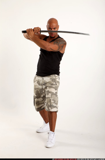 Man Adult Athletic Black Fighting with sword Standing poses Army