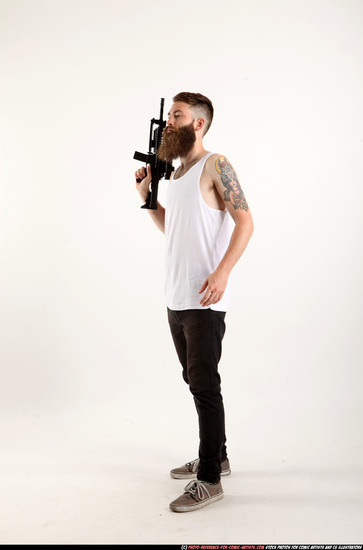 Man Adult Athletic White Fighting with submachine gun Standing poses Casual