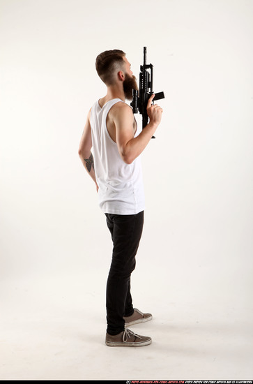 Man Adult Athletic White Fighting with submachine gun Standing poses Casual