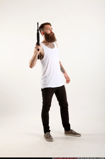 Man Adult Athletic White Fighting with submachine gun Standing poses Casual