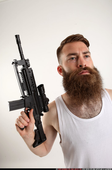 Man Adult Athletic White Fighting with submachine gun Standing poses Casual