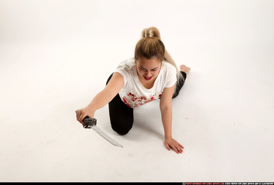 Woman Young Average Fighting with sword Kneeling poses Casual Asian