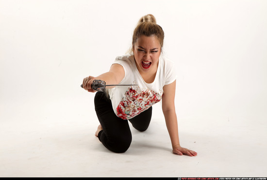 Woman Young Average Fighting with sword Kneeling poses Casual Asian