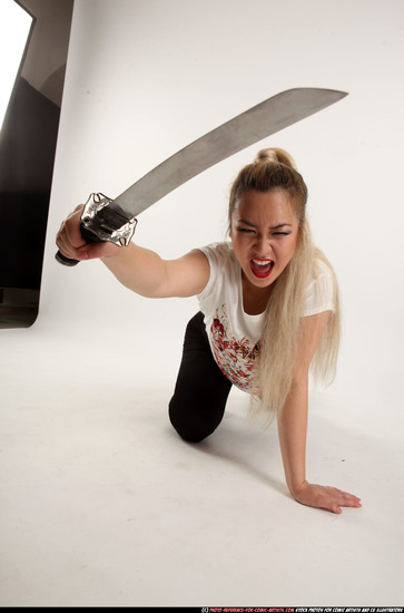 Woman Young Average Fighting with sword Kneeling poses Casual Asian