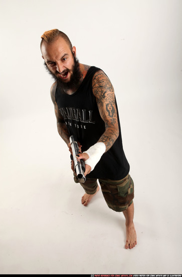 Man Adult Athletic White Standing poses Army Fighting with shotgun