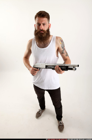 Man Adult Athletic White Standing poses Casual Fighting with shotgun