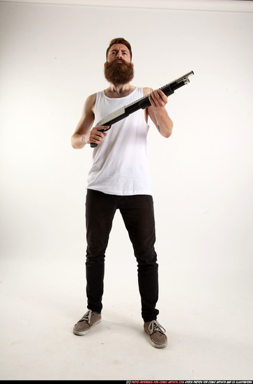 Man Adult Athletic White Standing poses Casual Fighting with shotgun