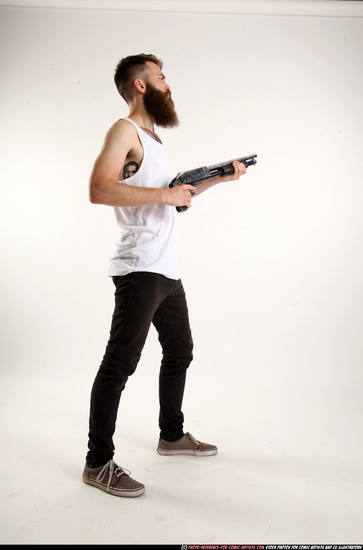 Man Adult Athletic White Standing poses Casual Fighting with shotgun