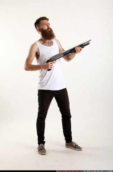 Man Adult Athletic White Standing poses Casual Fighting with shotgun