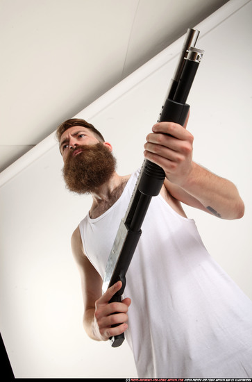 Man Adult Athletic White Standing poses Casual Fighting with shotgun