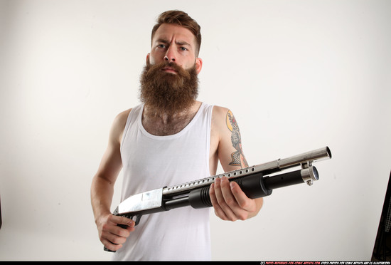 Man Adult Athletic White Standing poses Casual Fighting with shotgun