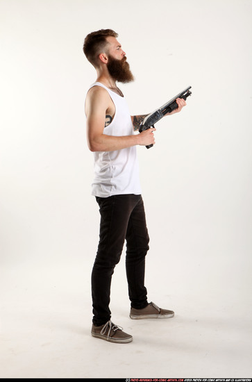 Man Adult Athletic White Standing poses Casual Fighting with shotgun