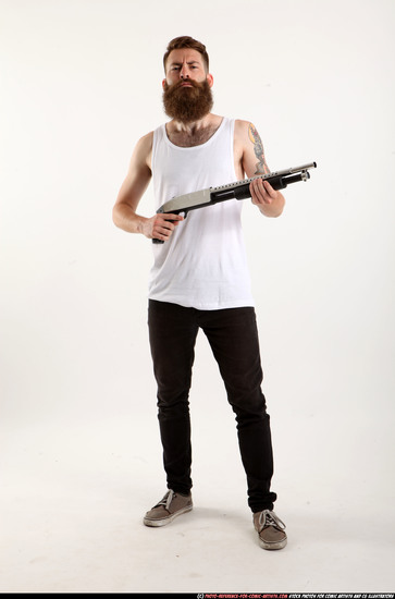 Man Adult Athletic White Standing poses Casual Fighting with shotgun