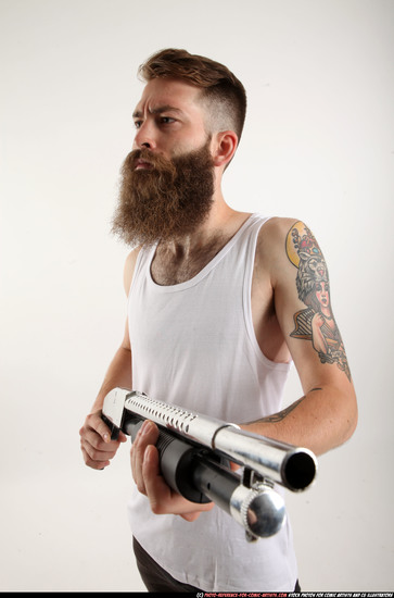 Man Adult Athletic White Standing poses Casual Fighting with shotgun