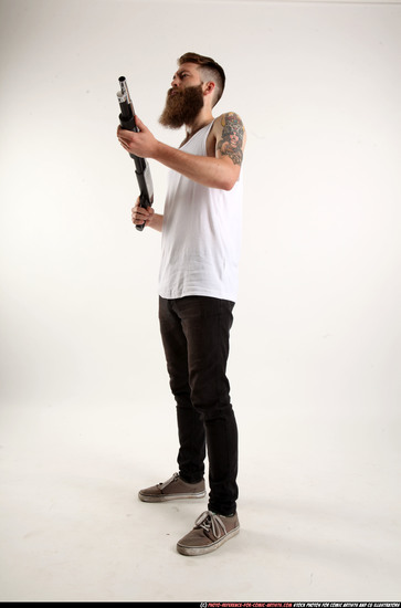 Man Adult Athletic White Standing poses Casual Fighting with shotgun