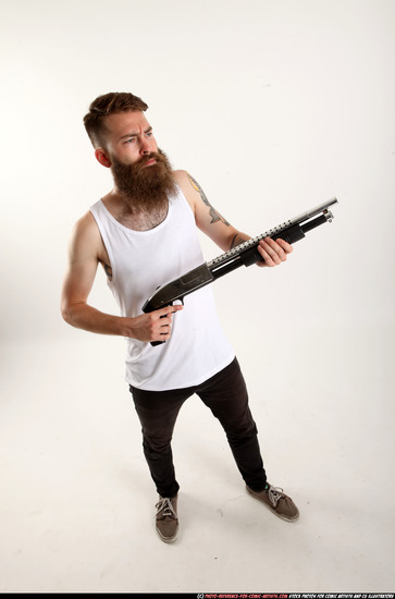 Man Adult Athletic White Standing poses Casual Fighting with shotgun