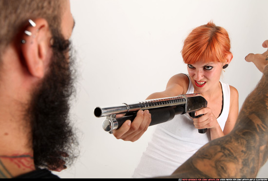 Man & Woman Adult Athletic White Moving poses Casual Fighting with shotgun