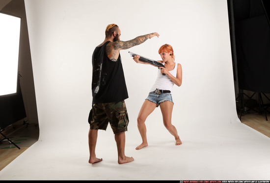 Man & Woman Adult Athletic White Moving poses Casual Fighting with shotgun