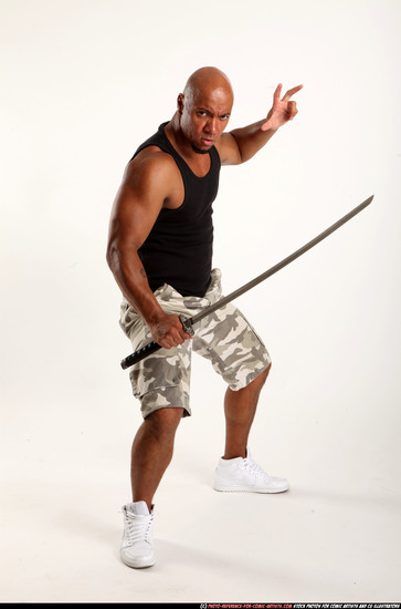 Man Adult Athletic Black Fighting with sword Standing poses Army