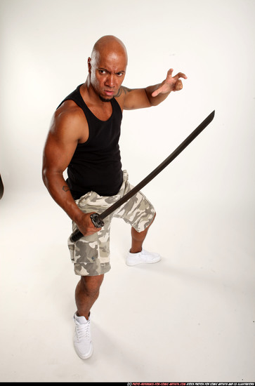 Man Adult Athletic Black Fighting with sword Standing poses Army