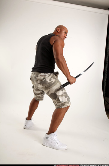 Man Adult Athletic Black Fighting with sword Standing poses Army