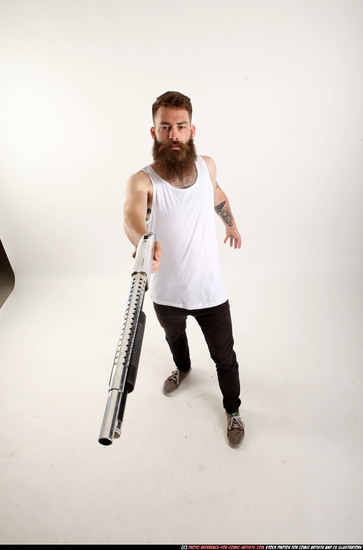 Man Adult Athletic White Standing poses Casual Fighting with shotgun