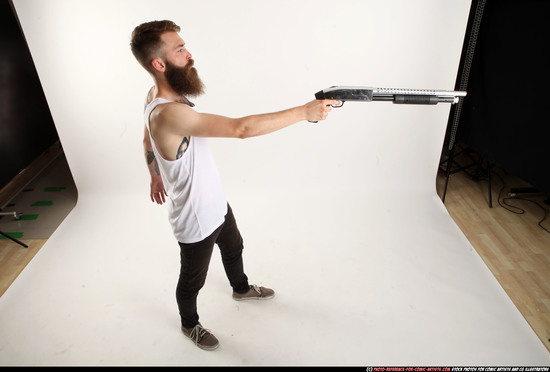 Man Adult Athletic White Standing poses Casual Fighting with shotgun