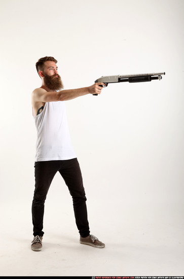 Man Adult Athletic White Standing poses Casual Fighting with shotgun