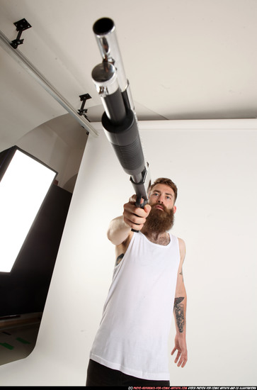 Man Adult Athletic White Standing poses Casual Fighting with shotgun