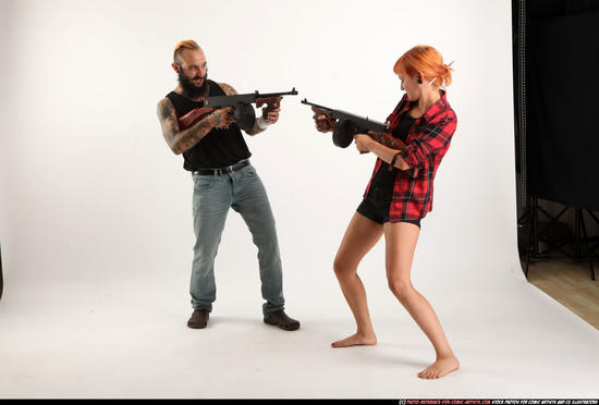 Man & Woman Adult Athletic White Fighting with submachine gun Standing poses Casual