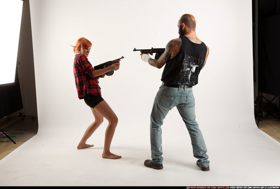 Man & Woman Adult Athletic White Fighting with submachine gun Standing poses Casual