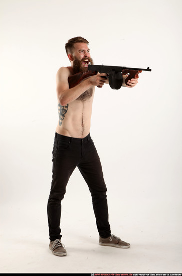 Man Adult Athletic White Fighting with submachine gun Standing poses Pants