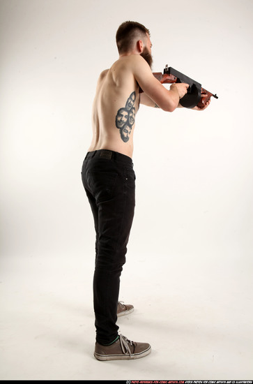 Man Adult Athletic White Fighting with submachine gun Standing poses Pants