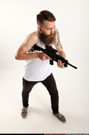 Man Adult Athletic White Fighting with submachine gun Standing poses Casual