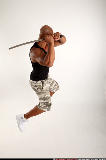 Man Adult Athletic Black Fighting with sword Moving poses Army