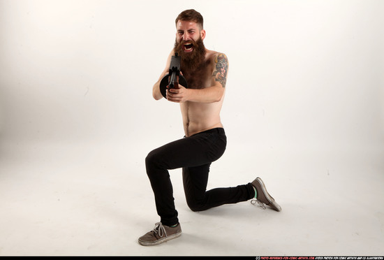 Man Adult Athletic White Fighting with submachine gun Kneeling poses Pants