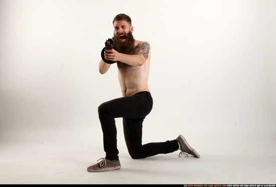 Man Adult Athletic White Fighting with submachine gun Kneeling poses Pants