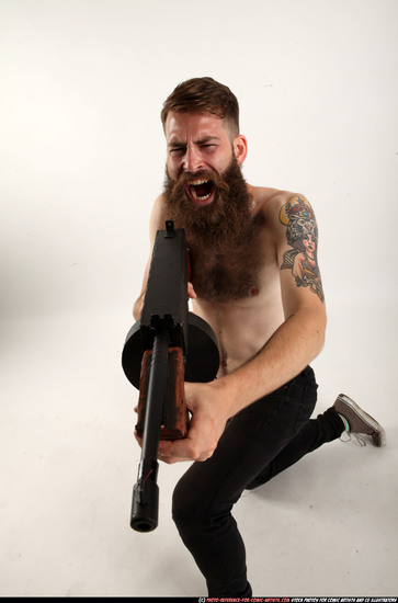 Man Adult Athletic White Fighting with submachine gun Kneeling poses Pants