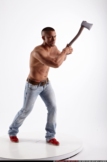 Man Adult Muscular White Fighting with sword Standing poses Pants