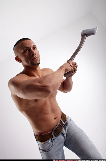 Man Adult Muscular White Fighting with sword Standing poses Pants