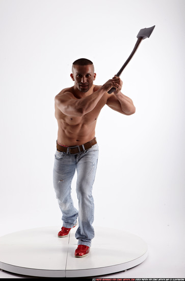 Man Adult Muscular White Fighting with sword Standing poses Pants