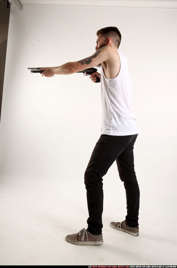 Man Adult Athletic White Standing poses Casual Fighting with shotgun