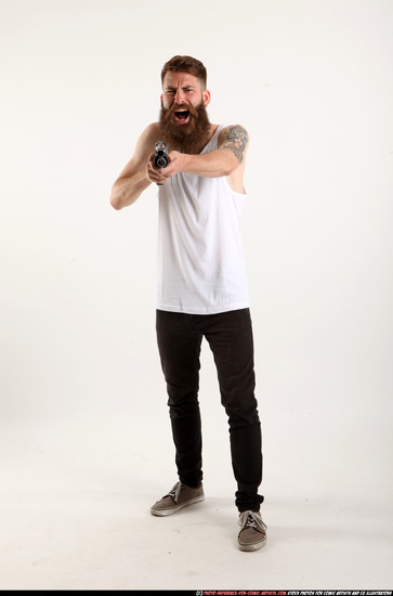 Man Adult Athletic White Standing poses Casual Fighting with shotgun