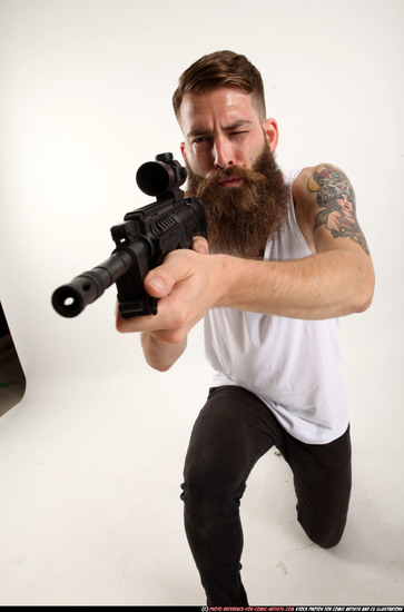 Man Adult Athletic White Fighting with submachine gun Kneeling poses Casual