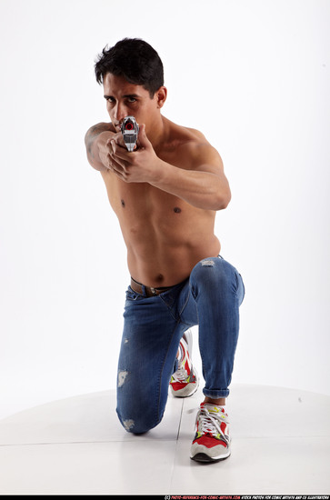 Man Adult Athletic White Fighting with gun Kneeling poses Pants