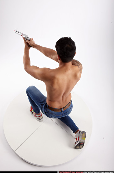 Man Adult Athletic White Fighting with gun Kneeling poses Pants